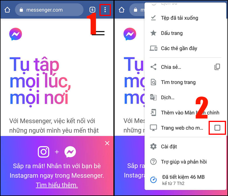 Truy cập vào wapsite Messenger.com > Chọn biểu tượng dấu ba chấm dọc ở góc trên cùng bên phải > Tick vào mục Trang web cho máy tính.